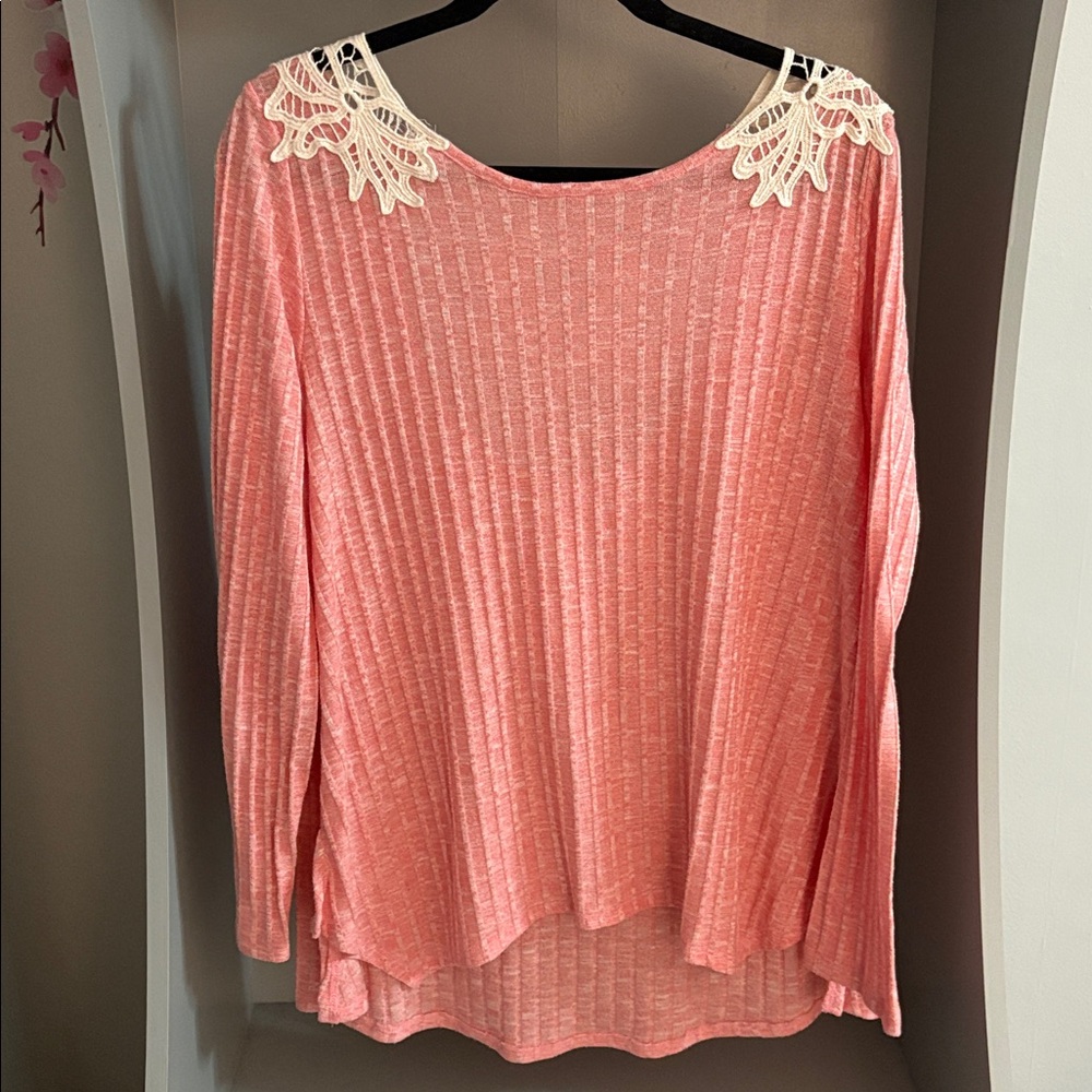 Rewind Pink Ribbed Long Sleeve Top with White Lace Trim